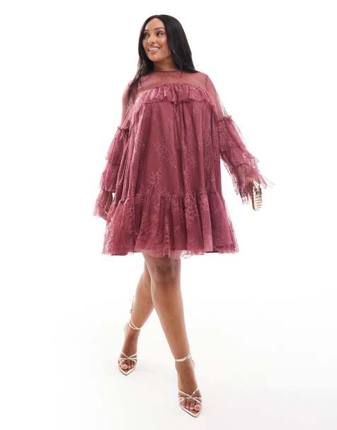 ASOS DESIGN Curve – Mini-Hängerkleid aus Spitze in Beerenrot mit Rüschenärmeln - view 1