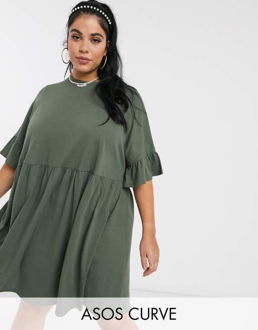 ASOS DESIGN Curve – Mini-Hängerkleid in Khaki mit extremer Oversize-Passform und Rüschenärmeln