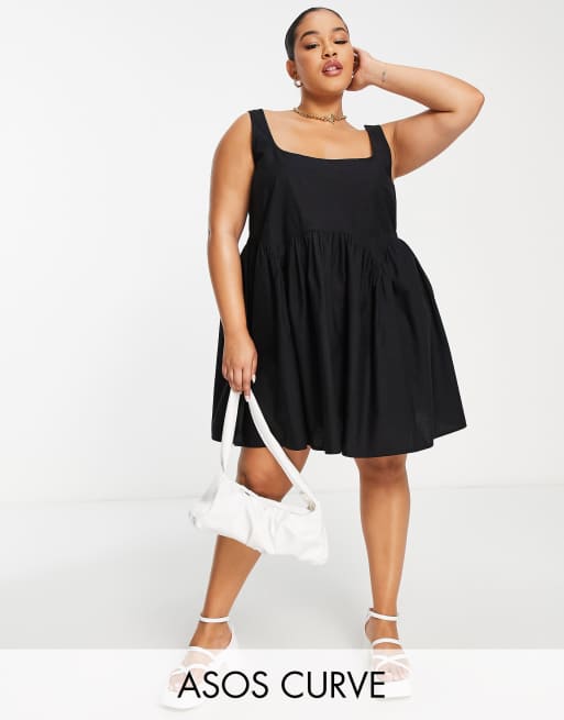 ASOS DESIGN Curve – Mini-Hängerkleid in Schwarz mit eckigem Ausschnitt