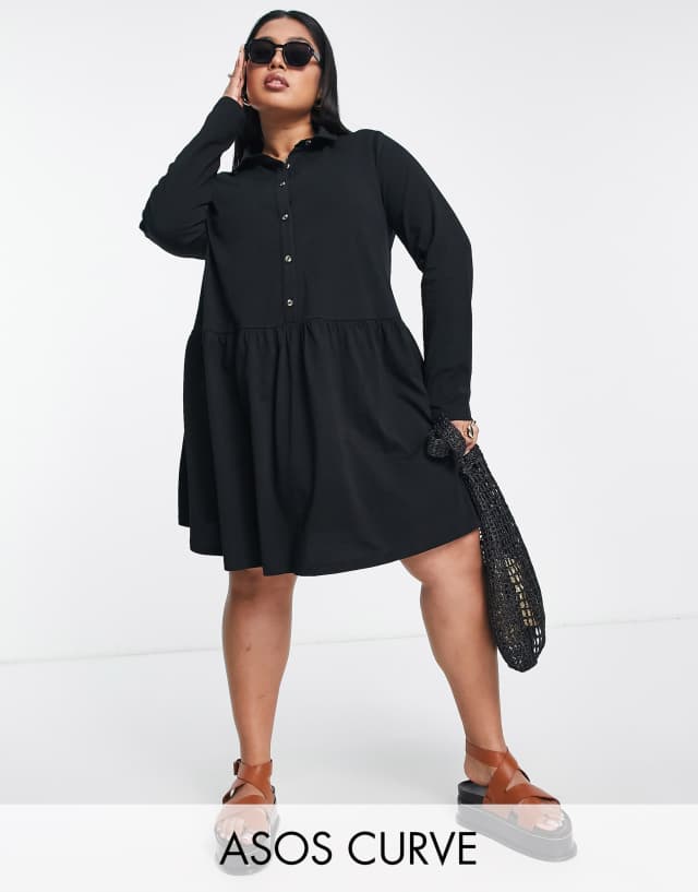 ASOS DESIGN Curve mini jersey shirt dress with drop waist in black