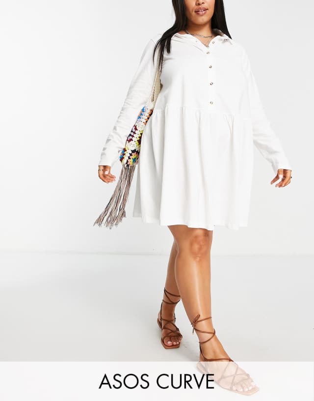 ASOS DESIGN Curve mini jersey shirt dress with drop waist in white