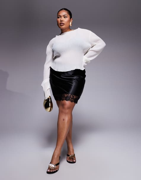 ASOS DESIGN Curve - Mini-jupe en satin avec bords en dentelle - Noir - view 1