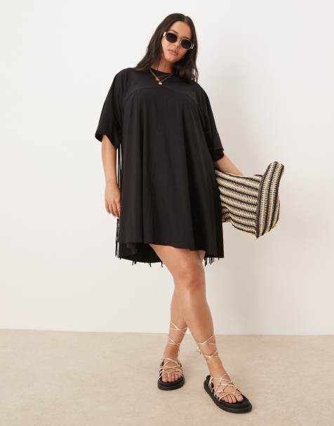 ASOS DESIGN Curve - Mini-jurk met franjes op de rug in zwart - view 1