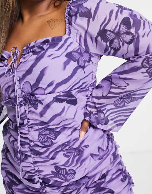 ASOS DESIGN Curve - Mini-jurk met keyhole opening en knopen in paarse vlinderprint , 3 van 4