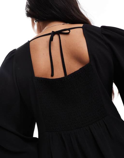 ASOS DESIGN Curve - Mini-jurk met lange mouwen en striksluiting in zwart, 3 van 4