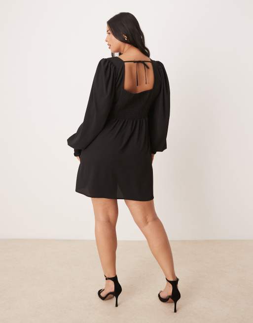 ASOS DESIGN Curve - Mini-jurk met lange mouwen en striksluiting in zwart, 2 van 4