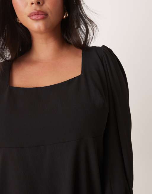 ASOS DESIGN Curve - Mini-jurk met lange mouwen en striksluiting in zwart, 3 van 4