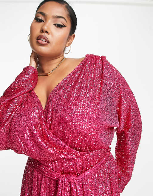ASOS DESIGN Curve - Mini-jurk met overslag, ceintuur en lovertjes in roze, 3 van 4