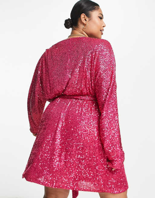 ASOS DESIGN Curve - Mini-jurk met overslag, ceintuur en lovertjes in roze, 4 van 4