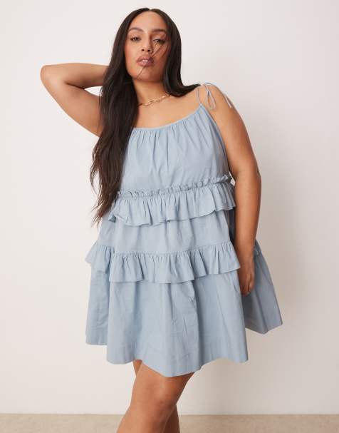 ASOS DESIGN Curve - Mini-jurk met ruches en stroken in rokerig blauw - view 1