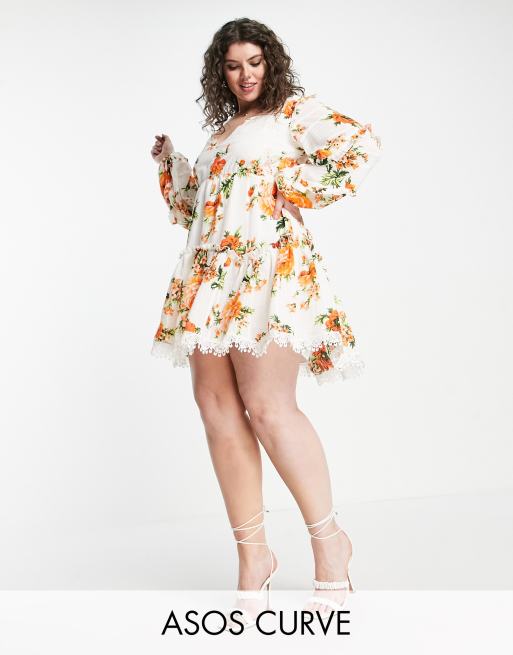 ASOS DESIGN Curve - Mini jurk met stroken, kanten inzetstuk en randdetail in bloemenprint