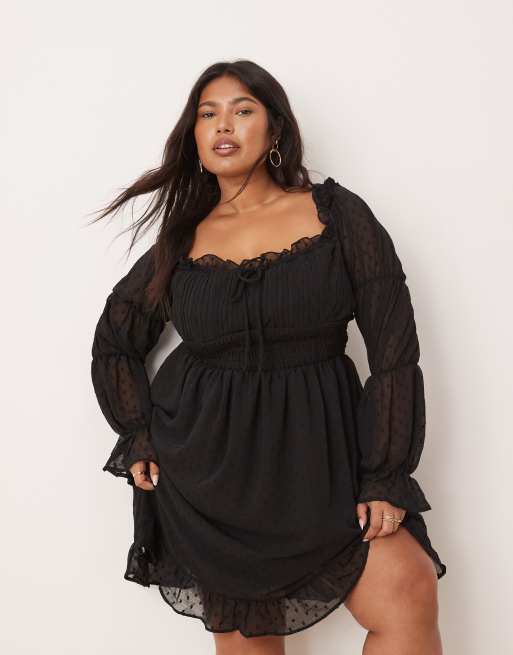 ASOS DESIGN Curve - Mini melkmeisjesjurk van dobbystof met lange mouwen en gesmokte taille in zwart