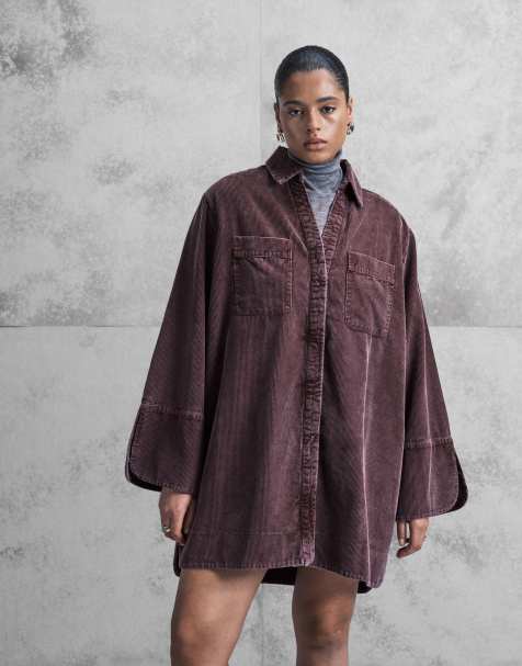 ASOS DESIGN Curve - Mini-overhemdjurk van corduroy met brede manchetten en overhemden zakken in paars - view 1