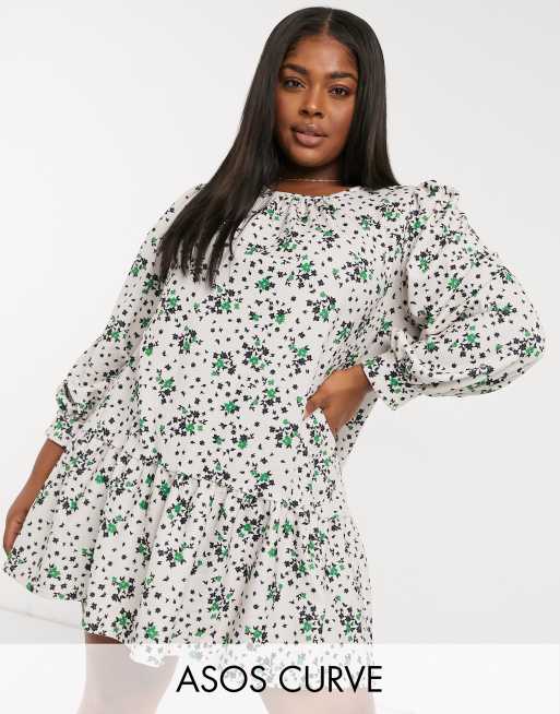 ASOS DESIGN Curve mini pep hem volume sleeve smock dress in cream base floral