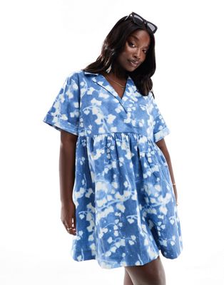 Asos Curve Asos Design Curve Mini Shirt Dress With Camp Collar And Corset Hem In Blue Abstract Print-multi