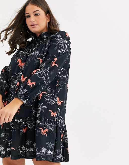 ASOS DESIGN Curve mini shirt dress with contrast stitching in horse print