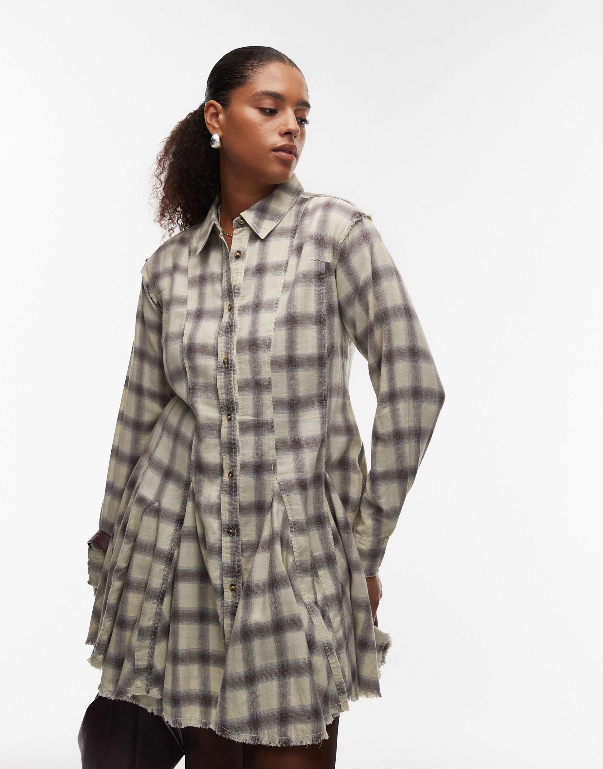 asos design curve mini shirt dress with nipped in waist and godets in washed gray and blue plaid