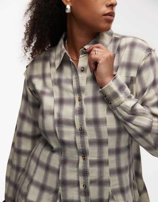 ASOS DESIGN Curve mini shirt dress with nipped in waist and godets in washed gray and blue plaid, 2 of 4