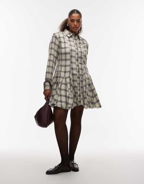 ASOS DESIGN Curve mini shirt dress with nipped in waist and godets in washed grey and blue check - view 1