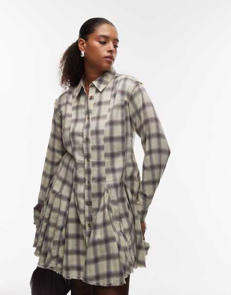 ASOS DESIGN Curve mini shirt dress with nipped in waist and godets in washed grey and blue check
