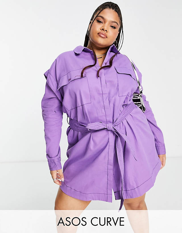 ASOS DESIGN Curve mini shirt dress with tie waist in bright purple