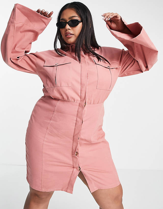 ASOS DESIGN Curve mini shirt dress with utility pockets in rose