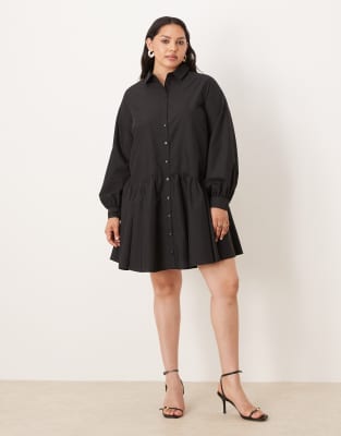 ASOS DESIGN Curve mini shirt dress with wide cuffs and oversized pockets in black