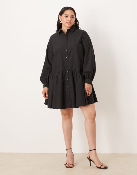 ASOS DESIGN Curve mini shirt dress with wide cuffs and oversized pockets in black - view 1