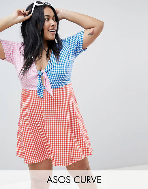 ASOS DESIGN Curve mini skater sundress with tie front in color block gingham