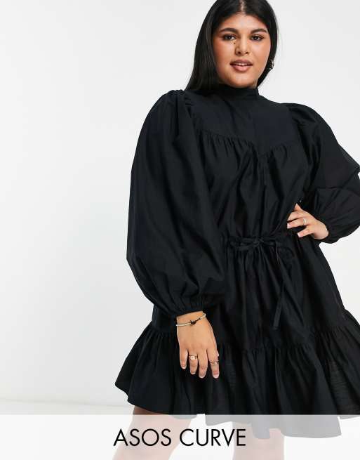 ASOS DESIGN Curve - Mini-skaterkjole med pintucks i bærestykket i sort bomuldspoplin