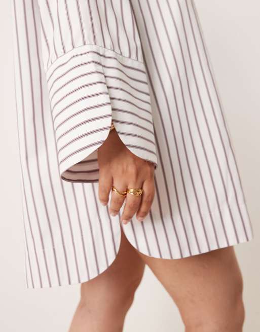 ASOS DESIGN Curve - Mini-skjortekjole med bordeauxrøde striber og vide ærmekanter samt oversized lommer, 3 af 4