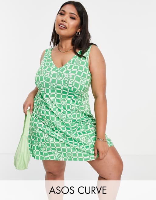 ASOS DESIGN Curve mini slip dress set in wavy check and flower print