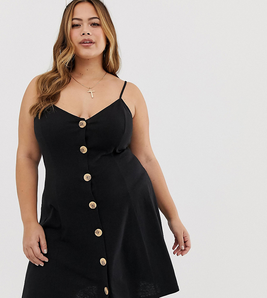 ASOS DESIGN Curve mini slubby cami swing dress with faux wood buttons-Black