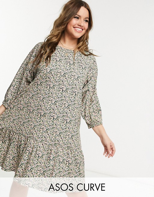 ASOS DESIGN Curve mini smock dress with tiered hem in ditsy print