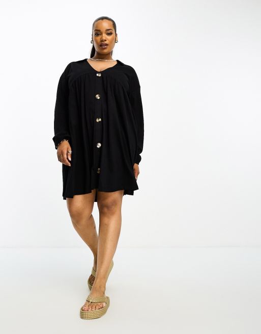 ASOS DESIGN Curve - Mini smockjurk met lange mouwen en knoopjes in zwart 