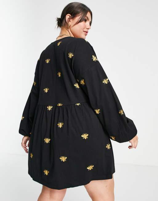 ASOS DESIGN Curve - Mini smockjurk met V-hals en gouden geborduurde insecten , 3 van 4