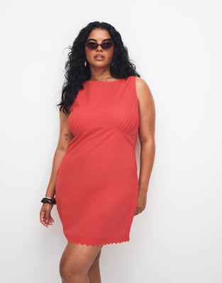 ASOS DESIGN Curve - Mini-Sommerkleid in Tomatenrot mit U-Boot-Ausschnitt, geformter Brustpartie und Lochstickerei am Saum Rot 54
