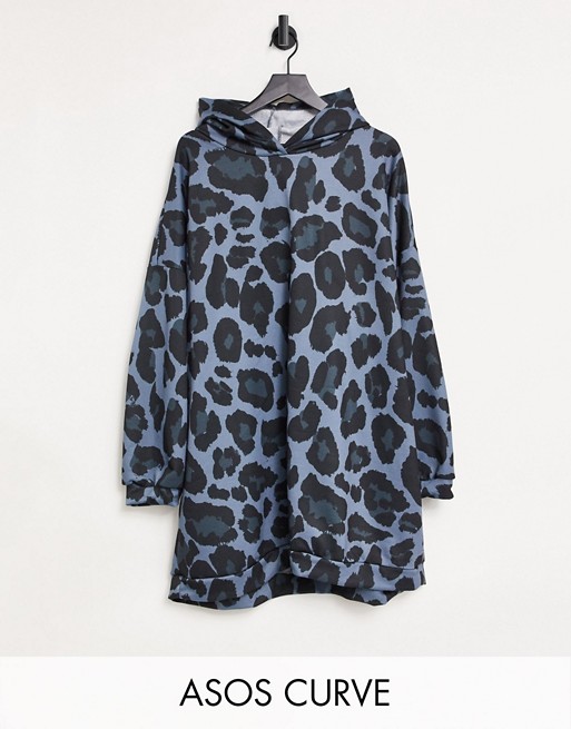 ASOS DESIGN Curve mini sweatshirt hoodie dress in all over blue leopard print