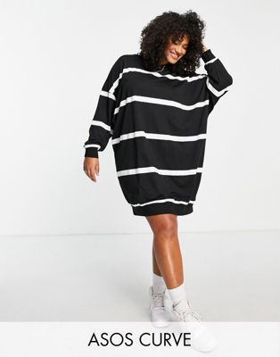 ASOS DESIGN Curve mini sweatshirt hoodie dress in black and white stripe - ASOS Price Checker