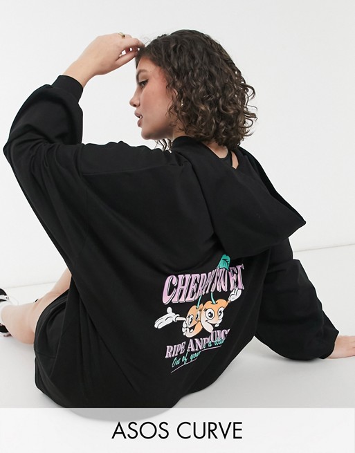 ASOS DESIGN Curve mini sweatshirt hoodie dress in black with cherry sweet logo