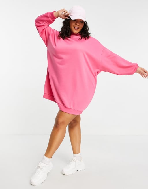 ASOS DESIGN Curve mini sweatshirt hoodie dress in bright pink