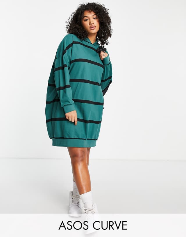 ASOS DESIGN Curve mini sweatshirt hoodie dress in khaki and black stripe