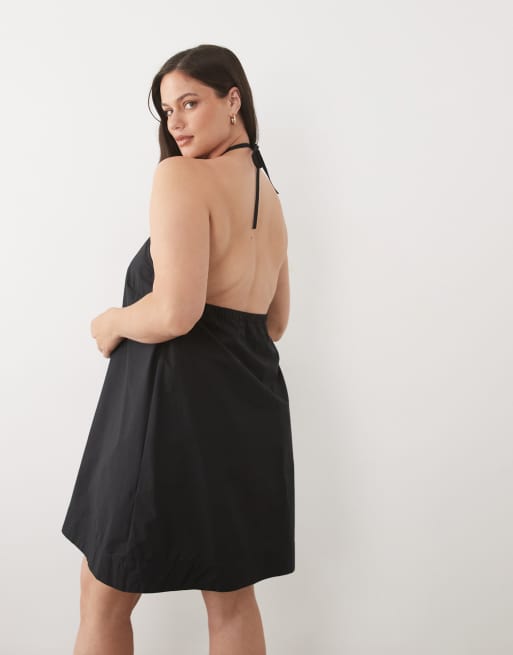 ASOS DESIGN Curve - Mini swingjurk van popeline met halternek in zwart, 4 van 4