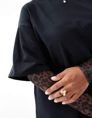 Asos Curve Asos Design Curve Mini T-shirt Dress With Mesh Leopard Print Sleeves-black In Black