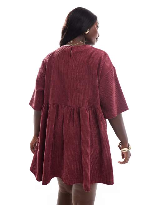 ASOS DESIGN Curve - Mini T-shirt-jurk van corduroy in bordeauxrood, 2 van 4