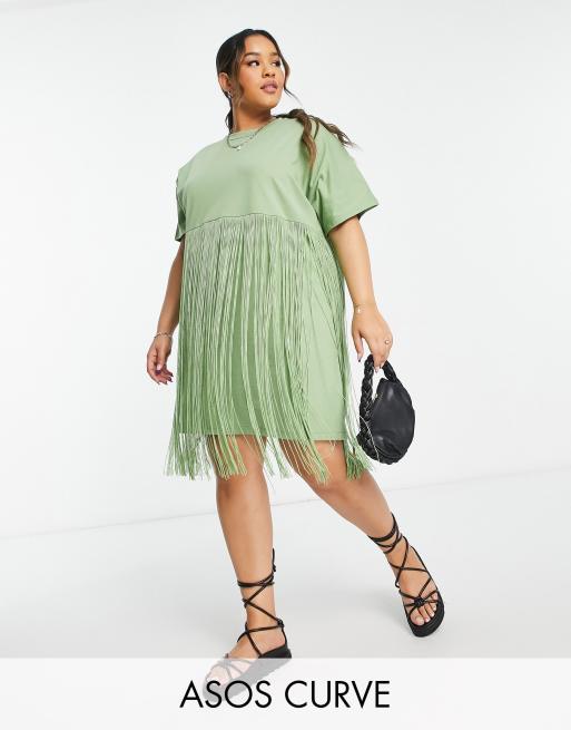 ASOS DESIGN Curve - Mini T-shirtjurk met franjes in olijfgroen