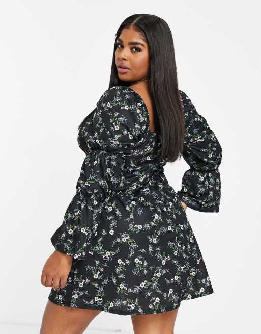 ASOS DESIGN Curve mini tea dress with bubble ruched sleeve in black base floral ASOS