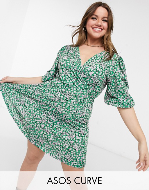 ASOS DESIGN Curve mini tea dress with twist front in green floral print
