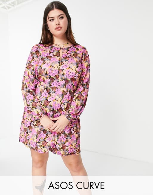 ASOS DESIGN Curve mini tea dress with volume sleeve in floral print