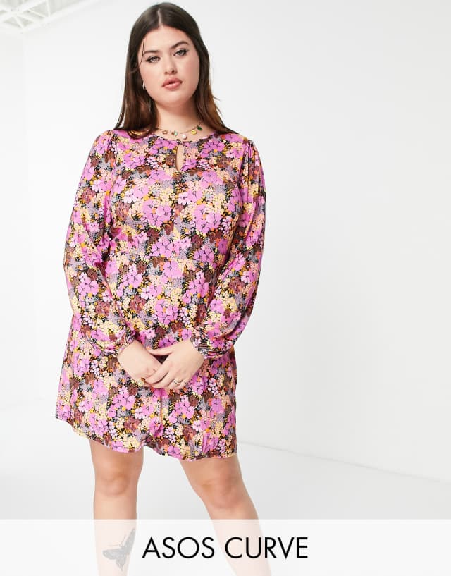 ASOS DESIGN Curve mini tea dress with volume sleeves in floral print